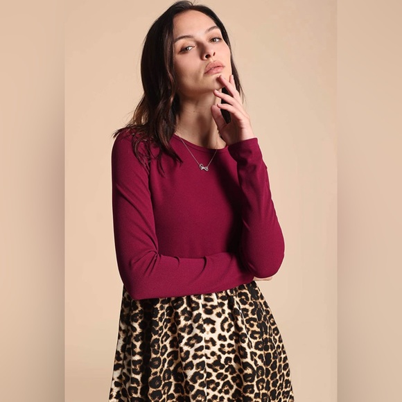 Casual T-Shirt Dress with Pockets Stretchy Long Sleeve Wine & Leopard Print XXL - Picture 4 of 9